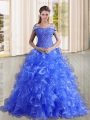 Pretty Blue Sweet 16 Dresses Off The Shoulder Sleeveless Sweep Train Lace Up