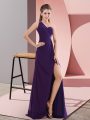 Chiffon One Shoulder Sleeveless Sweep Train Backless Beading and Ruching in Purple