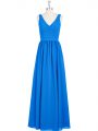 Royal Blue Dress for Prom Prom and Party and Military Ball with Ruching V-neck Sleeveless Zipper