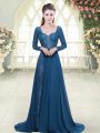 Admirable Blue Long Sleeves Beading and Lace Backless