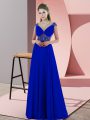 Custom Design Blue Backless V-neck Beading and Pick Ups Party Dress Satin Sleeveless Sweep Train