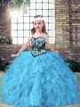 Ball Gowns Little Girl Pageant Gowns Baby Blue Straps Tulle Sleeveless Floor Length Lace Up