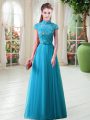 Cap Sleeves Floor Length Appliques Lace Up Prom Party Dress with Aqua Blue