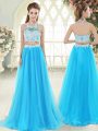 Fine Aqua Blue Sleeveless Floor Length Lace Zipper Homecoming Dress
