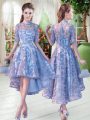 Ideal Blue Lace Up Prom Gown Half Sleeves High Low Appliques
