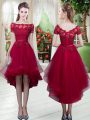 Captivating Appliques Prom Evening Gown Wine Red Lace Up Short Sleeves High Low