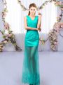Custom Made Sleeveless Tulle Floor Length Lace Up Quinceanera Dama Dress in Turquoise with Lace