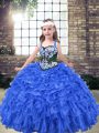 Blue Ball Gowns Straps Sleeveless Organza Floor Length Lace Up Embroidery and Ruffles Kids Formal Wear