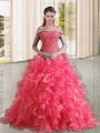 Coral Red A-line Organza Off The Shoulder Sleeveless Beading and Lace and Ruffles Lace Up Quinceanera Gown Sweep Train