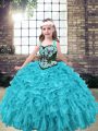 Discount Aqua Blue and Turquoise Sleeveless Organza Lace Up Little Girls Pageant Gowns for Party and Wedding Party