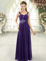 Glamorous Purple Lace Up Spaghetti Straps Beading and Ruching Prom Dress Chiffon Sleeveless