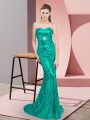 Artistic Sleeveless Sequined Sweep Train Lace Up Prom Evening Gown in Turquoise with Beading