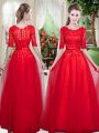 Suitable Scoop Half Sleeves Lace Up Evening Dress Red Tulle