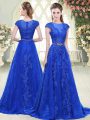 Delicate Sweep Train A-line Prom Gown Blue Scoop Tulle Cap Sleeves Zipper