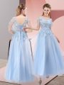 Light Blue Lace Up Scoop Appliques Homecoming Dress Tulle Short Sleeves