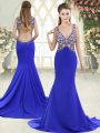 V-neck Sleeveless Prom Gown Sweep Train Beading Blue Elastic Woven Satin