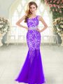 Purple Tulle Zipper Prom Gown Sleeveless Floor Length Beading and Lace