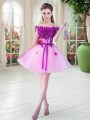 Cute Mini Length Lace Up Prom Evening Gown Lilac for Prom and Party with Beading and Appliques