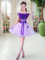 Dramatic Off The Shoulder Sleeveless Prom Dress Mini Length Beading and Appliques Lavender Tulle