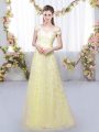 Light Yellow Lace Up Off The Shoulder Appliques Bridesmaid Dress Tulle Cap Sleeves