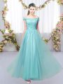 Aqua Blue Off The Shoulder Lace Up Lace Dama Dress Sleeveless