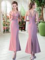 Spectacular Pink Satin Zipper Prom Party Dress Sleeveless Ankle Length Ruching