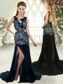 Luxury Navy Blue Scoop Backless Lace Evening Dress Brush Train Sleeveless