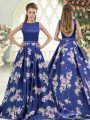 Royal Blue A-line Printed Scoop Sleeveless Beading and Pattern Backless Brush Train
