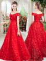 Latest Red Lace Lace Up Off The Shoulder Sleeveless Floor Length Prom Gown Beading