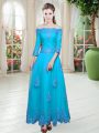 Tulle Off The Shoulder 3 4 Length Sleeve Lace Up Lace Evening Dress in Blue