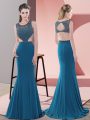 Noble Blue Sleeveless Chiffon Sweep Train Backless Prom Evening Gown for Prom and Party and Military Ball
