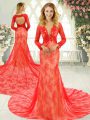 Gorgeous Red Long Sleeves Lace Backless Prom Dresses
