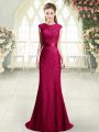 Hot Selling Beading and Lace Prom Dress Red Backless Cap Sleeves Sweep Train