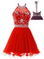 Fitting Beading Prom Party Dress Red Backless Sleeveless Mini Length