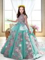 Sleeveless Court Train Appliques Backless Little Girl Pageant Dress
