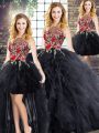 Adorable Sleeveless Floor Length Embroidery and Ruffles Zipper Vestidos de Quinceanera with Black