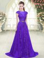 Customized Purple A-line Lace and Appliques Evening Dress Zipper Tulle Cap Sleeves
