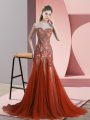 Backless Dress for Prom Rust Red for Prom and Party and Military Ball with Beading Sweep Train