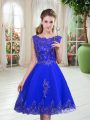 Spectacular Scoop Sleeveless Prom Gown Knee Length Beading and Appliques Royal Blue Tulle