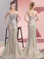 Modest Zipper Prom Dress Champagne for Prom and Party with Beading Sweep Train