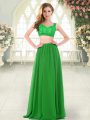 Green Chiffon Zipper Straps Sleeveless Floor Length Prom Dresses Beading and Lace