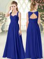 Glittering Sleeveless Chiffon Floor Length Zipper Prom Evening Gown in Royal Blue with Ruching