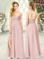 Popular Pink Sleeveless Floor Length Ruching Zipper Prom Dress