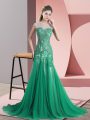 Green Backless Prom Gown Beading and Appliques Sleeveless Sweep Train