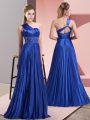 High End Royal Blue Sleeveless Floor Length Beading and Ruching Backless Prom Party Dress