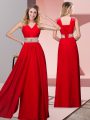 Red Dress for Prom Prom and Party and Military Ball with Beading V-neck Sleeveless Lace Up