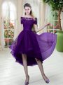 Low Price Short Sleeves Lace Up High Low Lace Prom Gown