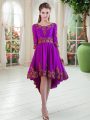 Purple A-line Scoop Long Sleeves Satin High Low Embroidery Dress for Prom