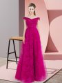 Beading and Lace Prom Dresses Fuchsia Lace Up Sleeveless Floor Length