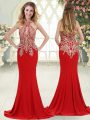 Halter Top Sleeveless Elastic Woven Satin Evening Dress Beading and Lace Sweep Train Zipper